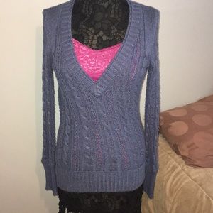 So soft blue sweater paired with a lace tank